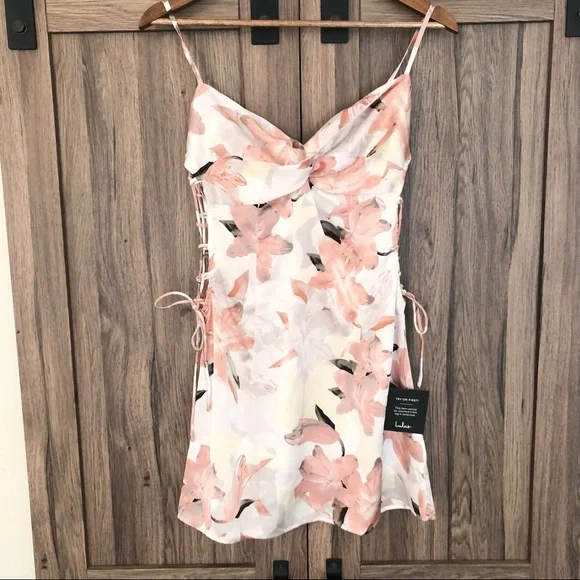 Lulus My Flirty Side Pink Floral Print Satin Lace-Up Mini Slip Dress - Picture 2 of 5